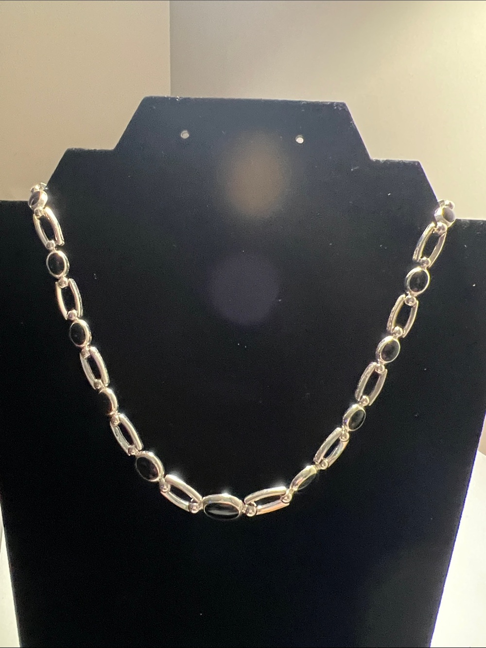 Classic Silver Link Necklace with Black Stone Accents - Vintage